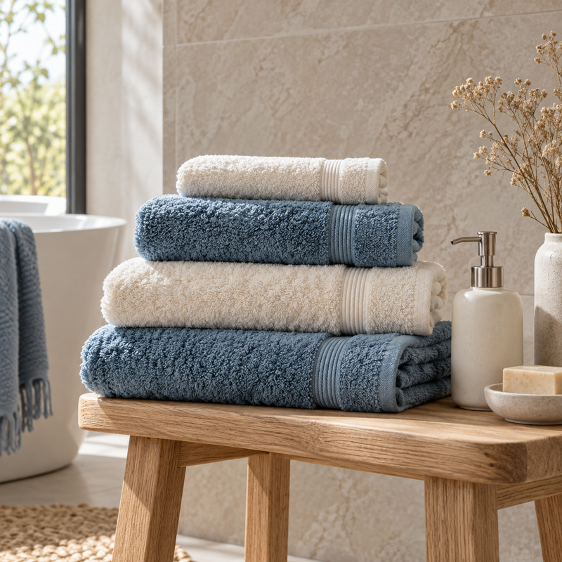 Blue and ivory towels in a calm bathroom