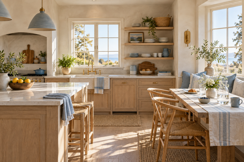 A naturally lit kitchen with blue accents and oak furniture