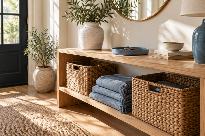 Natural baskets and blue linens on an oak shelf